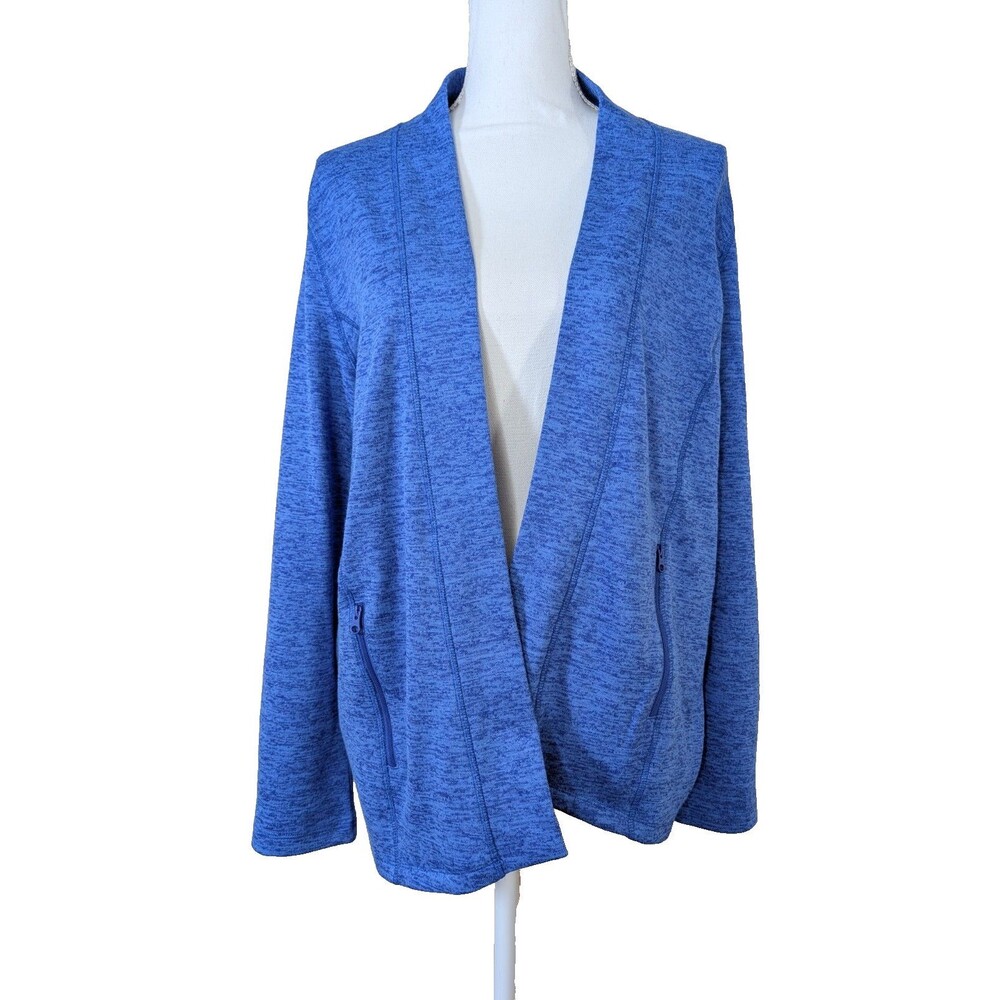 T by Talbots Open Front Cardigan Sweater Medium Blue Pockets Roll Tab Sleeves